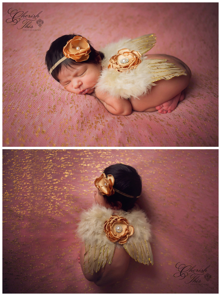 Houston Tx Newborn baby girl gold angel wings photo